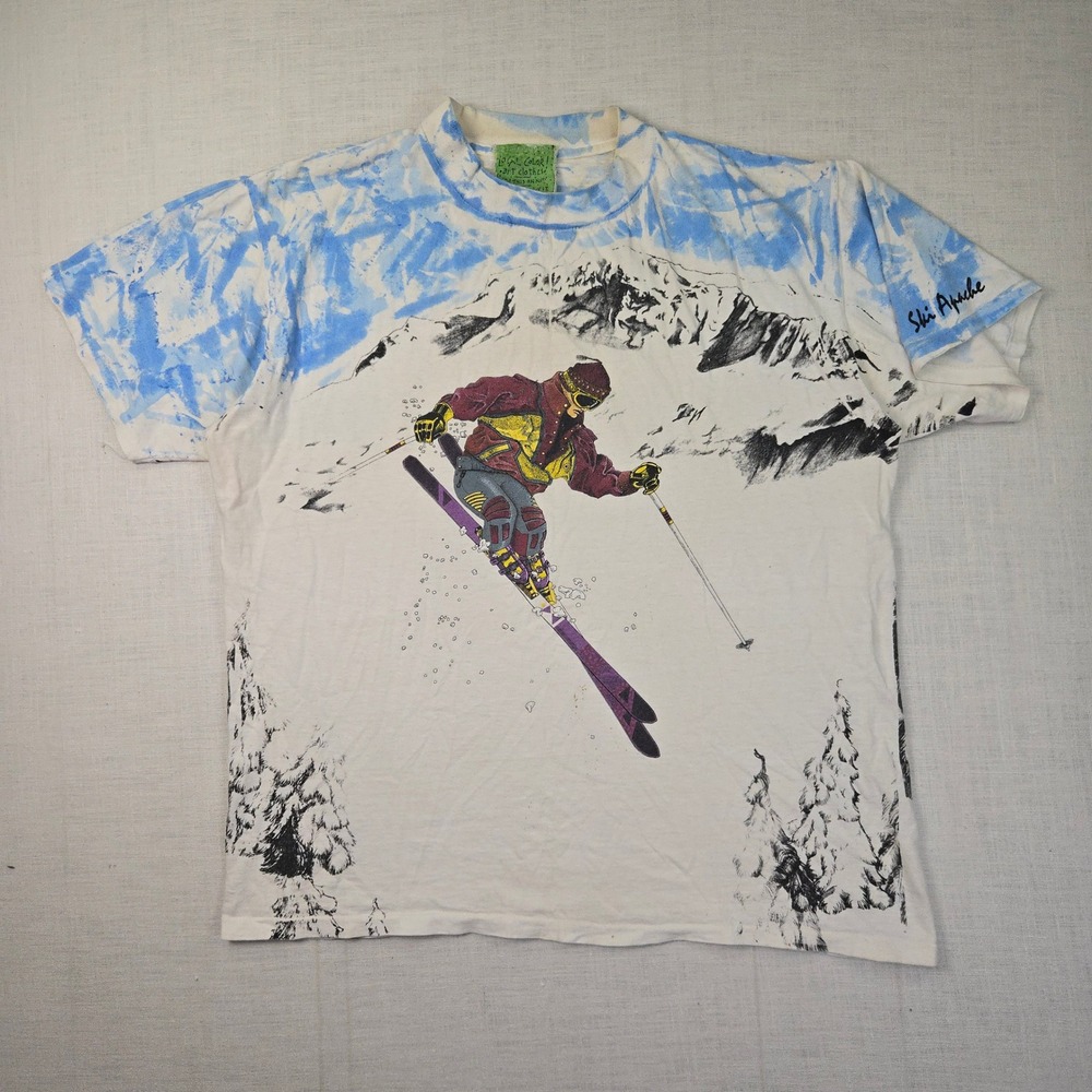 VTG Ski Apache AOP T-Shirt Oneita Men L‎ White Single Stitch ART LOCAL COLOR USA